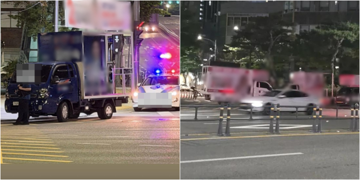 왼쪽은 지난 23일 새벽 서울 서초구 방배동의 한 사거리 우회전 차로에 연락처도 없이 주차된 유세차량으로 인해 경찰이 출동한 모습, 오른쪽은 24일 밤 서울 마포구 공덕역 인근 도로에 지방선거 후보자들의 차량이 줄지어 1개 차로를 점령한 모습. 독자 제공