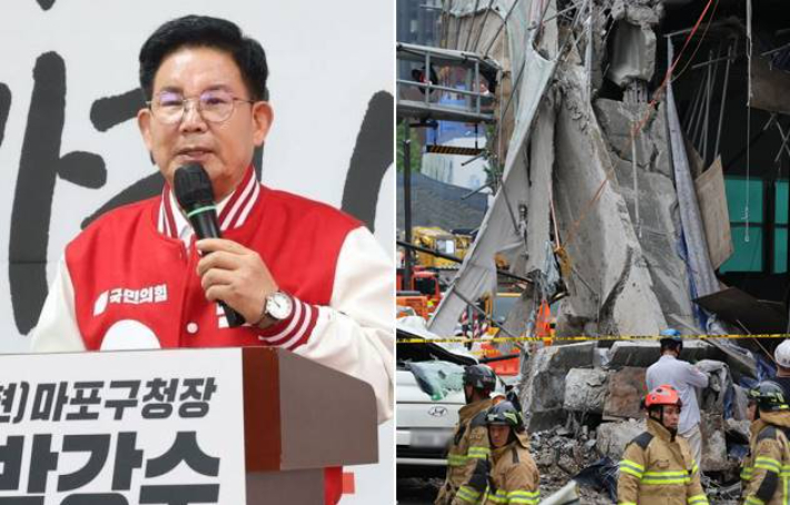  국민의힘 박강수 마포구청장 후보와 서소문 고가 붕괴 사고 현장. 박 후보 제공·연합뉴스