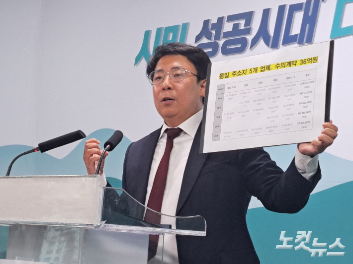 강대규 국민의힘 춘천시갑 조직위원장은 26일 춘천시청에서 기자회견을 열고 동일 주소지에 등록된 복수 업체들이 춘천시와 대규모 수의계약을 체결했다고 전했다. 진유정 기자
