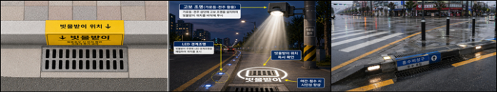 빗물받이 위치를 표시하는 'ㄱ형 스티커'(왼쪽), 고보 조명(가운데, 예시), LED 경계석(오른쪽, 예시). 행정안전부 제공
