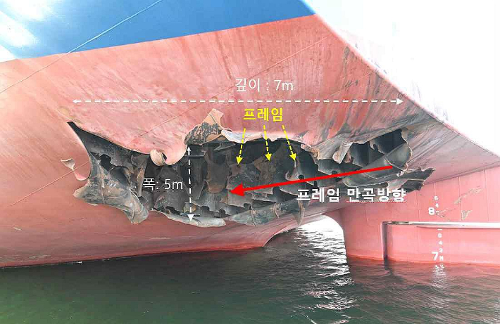 HMM 나무호 선체 하단에서 확인된 폭 5ｍ·깊이 7ｍ 파공. 외교부 제공