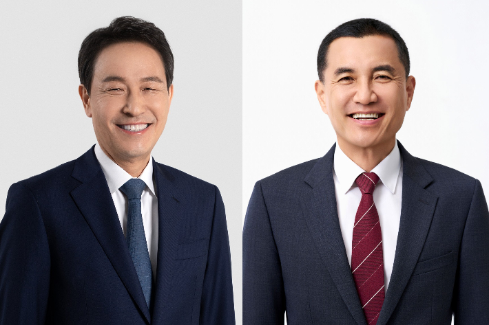 강원도지사 선거에 출마한 더불어민주당 우상호 후보(왼쪽)와 국민의힘 김진태 후보. 중앙선거관리위원회 제공 