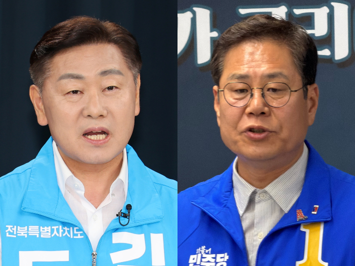 무소속 김관영 전북특별자치도지사(사진 왼쪽)와 더불어민주당 조지훈 전주시장 후보. 연합뉴스, 남승현 기자