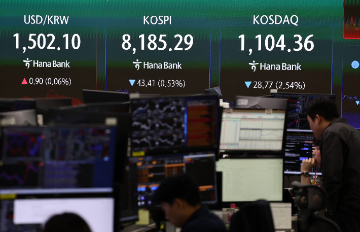 코스피가 전 거래일 대비 43.41포인트(0.53%) 내린 8185.29에 장을 마감한 28일 서울 하나은행 본점 딜링룸에서 딜러들이 업무를 보고 있다. 연합뉴스