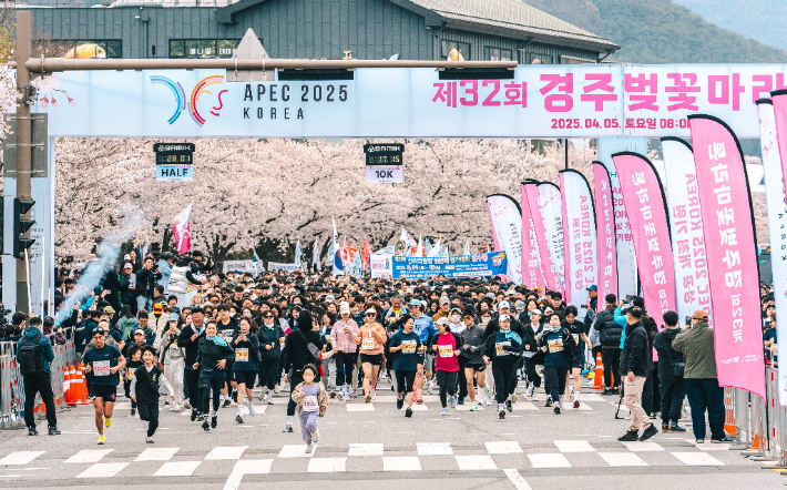 지난해 4월 열린 제32회 경주벚꽃마라톤대회 참가자들이 만개한 벚꽃 아래서 힘차게 출발하고 있다. 경주시 제공