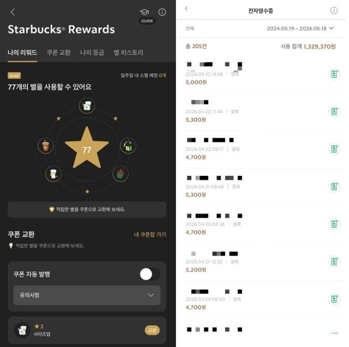 스타벅스 앱 리워드 화면과 전자영수증. A씨는 적립된 별 77개의 처리 방안을 고민하고 있다.  독자 제공