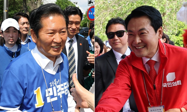 더불어민주당 정청래 총괄상임선대위원장(왼쪽)과 국민의힘 장동혁 상임선거대책위원장. 연합뉴스