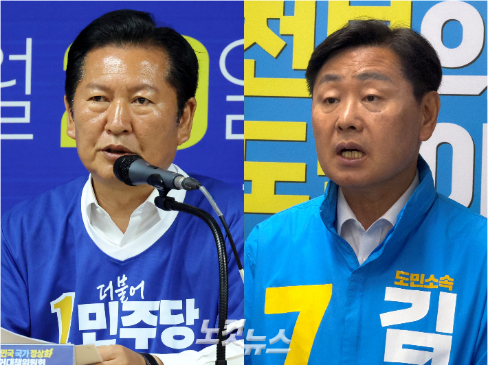 정청래 더불어민주당 대표(사진 왼쪽)와 무소속 김관영 전북특별자치도지사 후보. 윤창원·남승현 기자