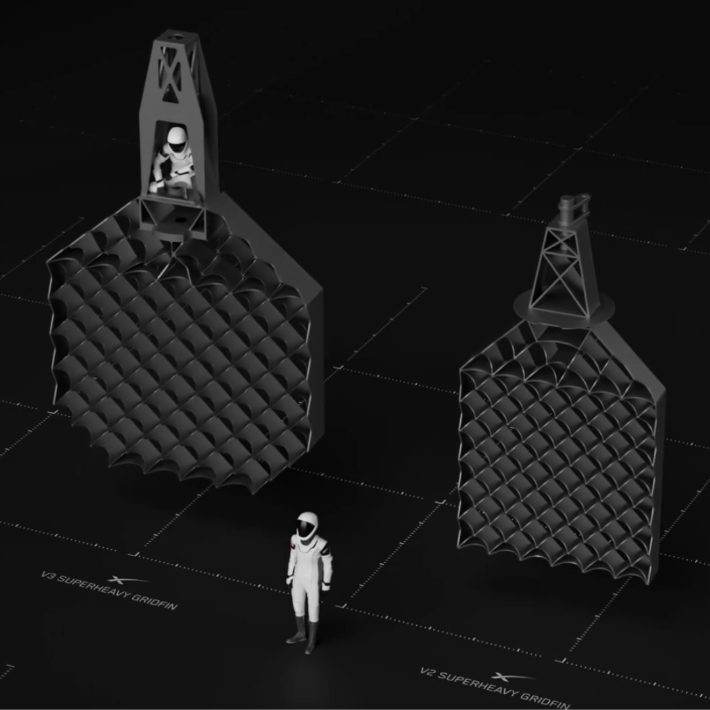 슈퍼헤비에 설치된 그리드핀의 비교이미지. 왼쪽이 이번에 새로 설치된 3세대 그리드핀, 오른쪽이 2세대 그리드핀이다. 스페이스X 자료 영상 캡처