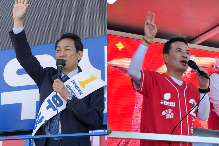 강원도지사 선거에 출마한 더불어민주당 우상호 후보(왼쪽)와 국민의힘 김진태 후보가 유세 차량에 올라 지지를 호소하고 있다. 후보 측 제공  