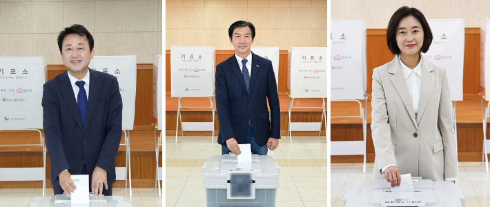 사전투표하는 평택을 재선거 김용남(왼쪽부터)·조국·김재연 후보. 연합뉴스