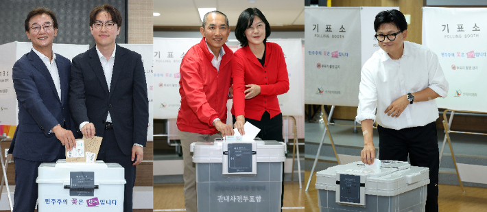 6·3 선거 최대 관심지로 꼽히는 부산 북갑 국회의원 보궐선거 후보들이 사전투표 첫날인 29일 일제히 소중한 한표를 행사했다. 왼쪽부터 덕천2동 행정복지센터에서 더불어민주당 전재수 부산시장 후보와 투표한 하정우 후보, 만덕2동 행정복지센터에서 아내 배정혜씨와 투표한 국민의힘 박민식 후보, 같은 곳에서 투표한 무소속 한동훈 후보. 연합뉴스