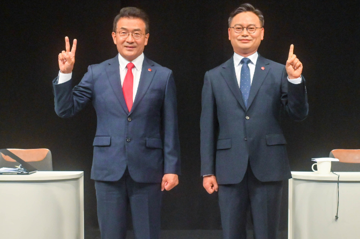 서귀포 국회의원 보궐선거 출마자들. 왼쪽부터 국민의힘 고기철 후보, 민주당 김성범 후보. 제주CBS