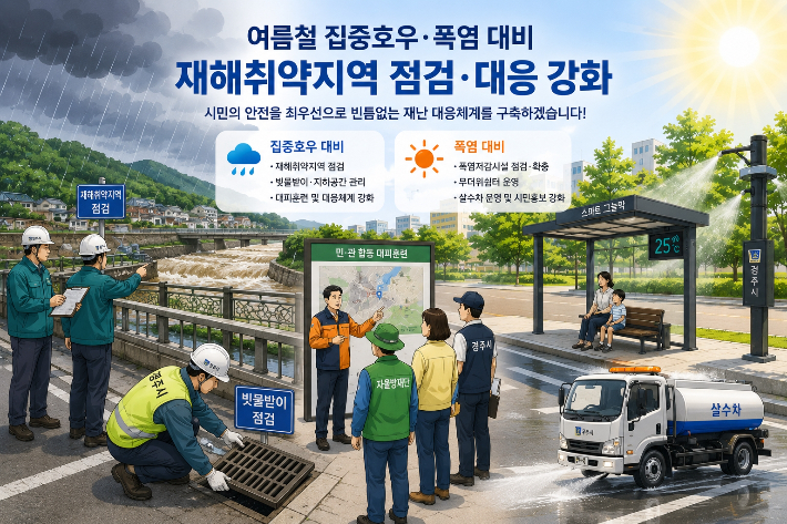 경주시가 여름철 집중호우와 폭염에 대비해 재해취약지역 점검과 폭염저감시설 운영 등 자연재난 대응체계를 강화하고 있다. 경주시 제공