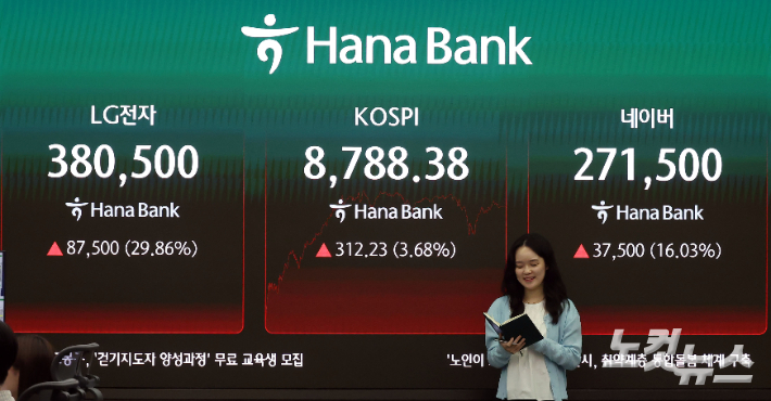 코스피 지수가 사상 최고치를 경신한 1일 서울 중구 하나은행 본점 딜링룸 전광판에 종가가 표시되고 있다. 코스피는 사상 처음으로 8780대에서 장을 마치며 '9천피(코스피 9천)'에 바짝 다가섰다. 이날 코스피는 전장보다 312.23포인트(3.68%) 오른 8788.38에 장을 마치며 종가 기준 사상 최고치를 경신했다. 황진환 기자