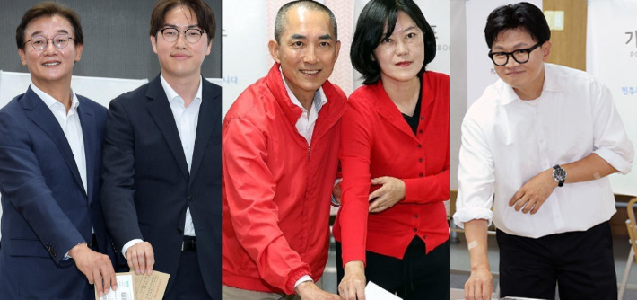 왼쪽부터 사전투표에 나섰던 전재수 민주당 부산시장 후보와 하정우 북구갑 후보, 박민식 국민의힘 북구갑 후보, 한동훈 무소속 북구갑 후보.  공동취재단·연합뉴스 