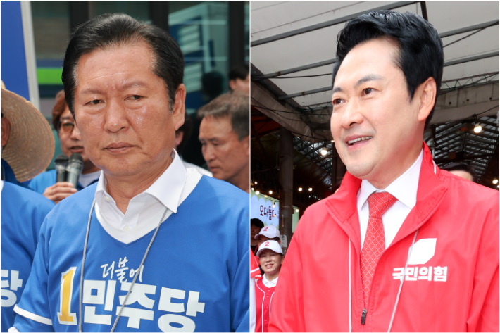더불어민주당 정청래 총괄상임선거대책위원장(왼쪽)과 국민의힘 장동혁 대표. 연합뉴스