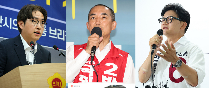 부산 북갑 국회의원 보궐선거에 출마한 더불어민주당 하정우 후보, 국민의힘 박민식 후보, 무소속 한동훈 후보가 1일 부산 연제구 부산시의회와 선거사무소에서 기자회견을 갖고 있다. 연합뉴스