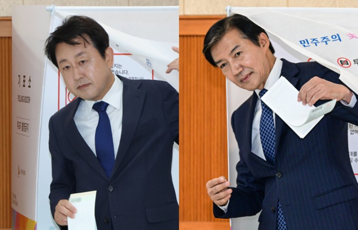왼쪽부터 더불어민주당 김용남 후보, 조국혁신당 조국 후보. 연합뉴스