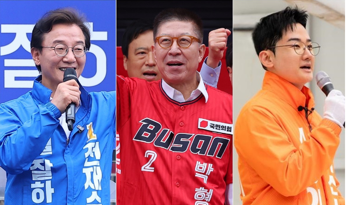 더불어민주당 전재수(왼쪽부터), 국민의힘 박형준, 개혁신당 정이한 부산시장 후보. 연합뉴스