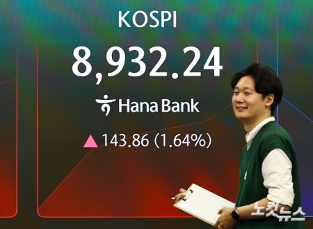 2일 오전 서울 중구 하나은행 딜링룸에 지수가 표시돼 있다. 코스피는 전 거래일(8788.38)보다 94.81포인트(1.08%) 상승한 8883.19에 코스닥 지수는 전 거래일(1050.03)보다 5.15포인트(0.49%) 내린 1044.89에 거래를 시작했다.