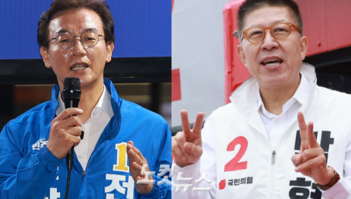 부산시장 선거에 출마한 더불어민주당 전재수 후보와 국민의힘 박형준 후보. 류영주 기자