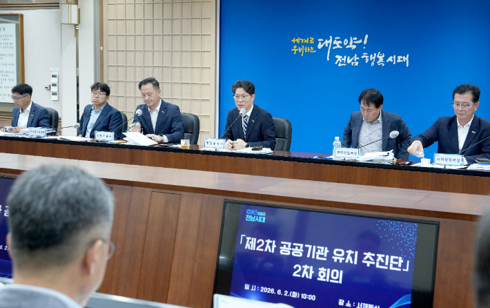 전남도는 2일 도청서 황기연 행정부지사 주재로 공공기관 유치추진단 2차 회의를 열고 농·수협중앙회 등 공공기관 이전 유치에 총력을 기울이기로 했다. 전라남도 제공