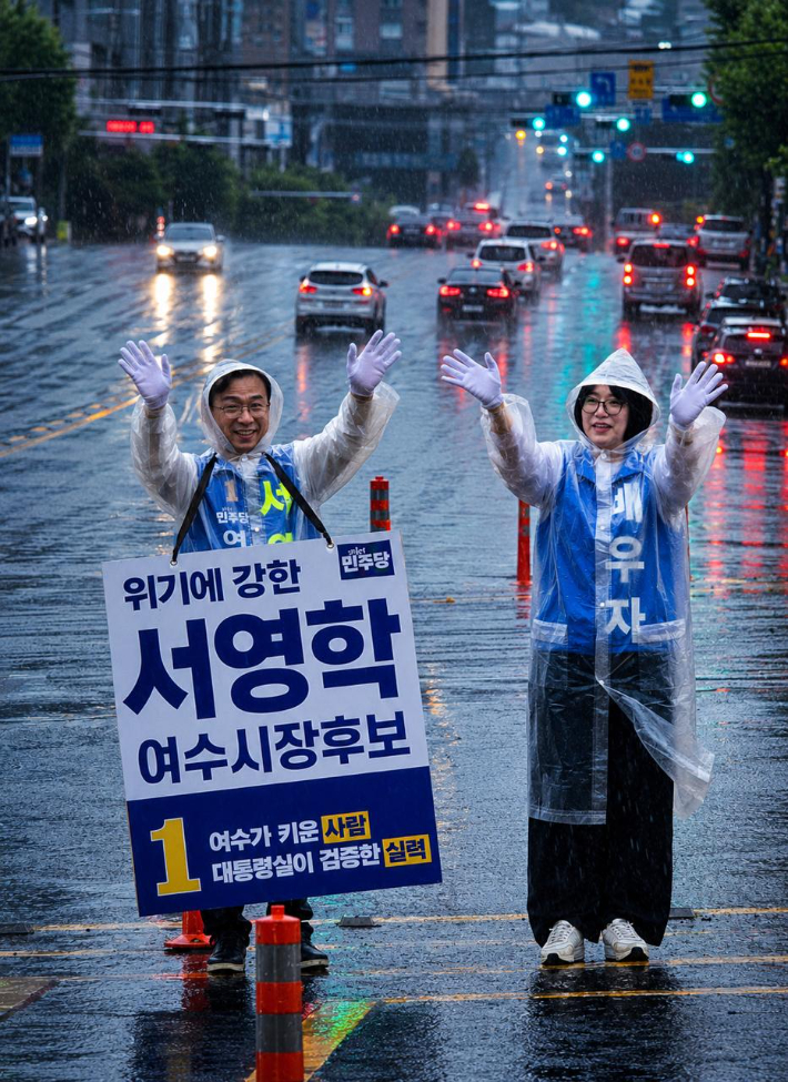 더불어민주당 서영학 전남 여수시장 후보가 배우자와 함께 유세를 벌이고 있다. 서영학 선거사무소 제공