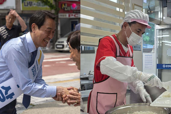 선거일을 하루 앞둔 2일 순회 유세를 펼치고 있는 우상호 더불어민주당 강원지사 후보와 배식봉사에 나선 김진태 국민의힘 강원지사 후보. 우상호, 김진태 후보 제공