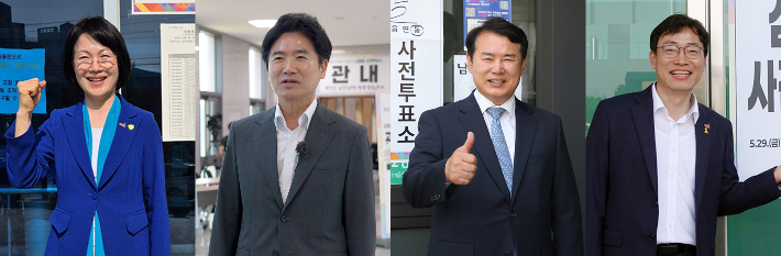 6·3 지방선거 사전투표 첫날인 29일 전남광주통합특별시 교육감에 출마한 후보 4명도 잇따라 투표에 참여했다. 사진 왼쪽부터 투표를 마친 강숙영·김대중·이정선·장관호 후보. 연합뉴스