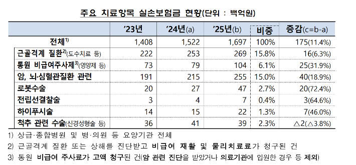 2025년 실손의료보험 사업실적의 주요 치료항목 실손보험금 현황. 금융감독원 제공