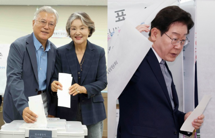 '제9회 전국동시지방선거 사전투표에 참여하고 있는 문재인 전 대통령(왼쪽)과 이재명 대통령(오른쪽). 연합뉴스