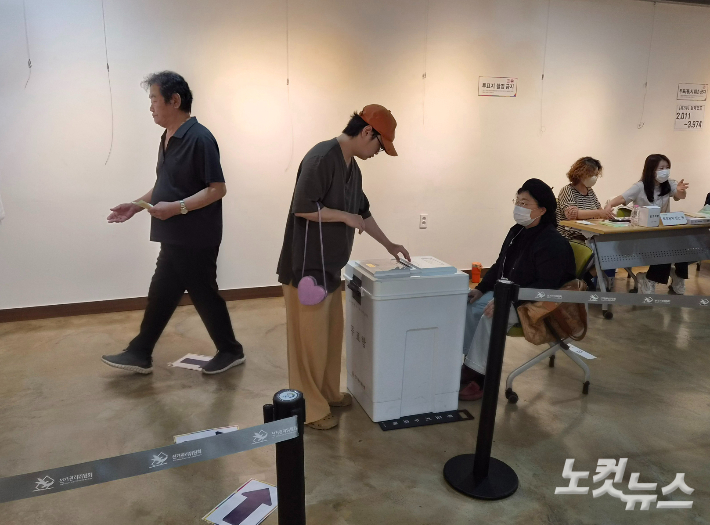 제9회 전국동시지방선거 투표일인 3일 부산 수영구 생활문화센터 2층에 마련된 광안2동 제2투표소에서 한 유권자가 투표함에 용지를 넣고 있다. 김혜민 기자 