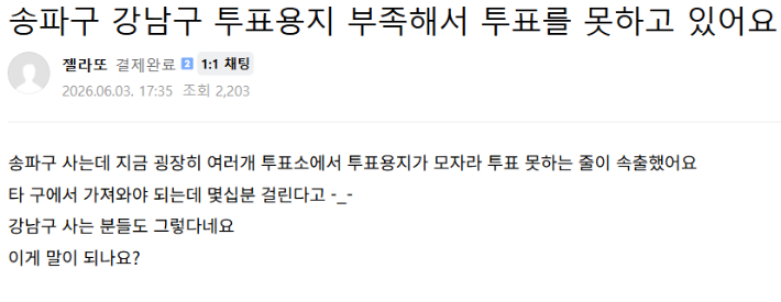 인터넷 커뮤니티에 투표 중단과 관련된 게시글이 올라왔다. 인터넷 커뮤니티
