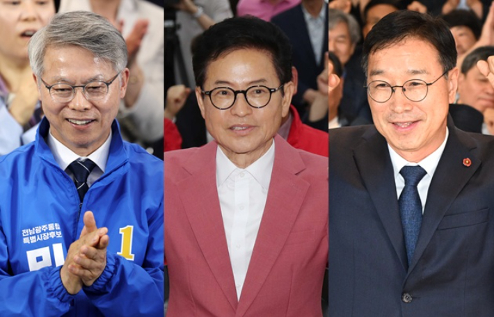 출구조사 결과 확인하는 전남광주통합특별시장 민형배 후보, 경북지사 이철우 후보, 제주도지사 위성곤 후보. 연합뉴스