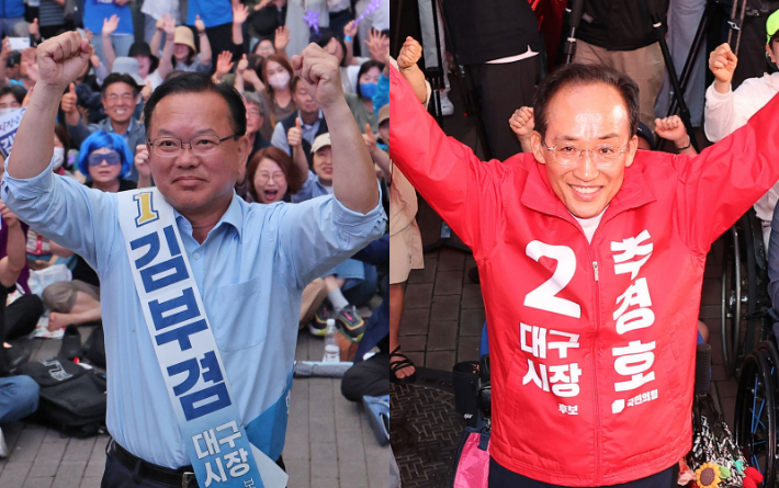 더불어민주당 김부겸 대구시장 후보(왼쪽)와 국민의힘 추경호 대구시장 후보. 연합뉴스