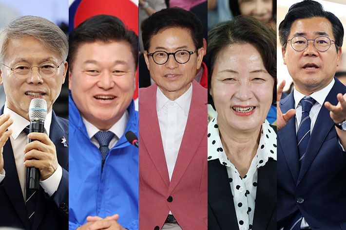 왼쪽부터 더불어민주당 민형배 전남광주통합특별시장 후보, 더불어민주당 신용한 충북지사 후보, 국민의힘 이철우 경북지사 후보, 더불어민주당 추미애 경기지사 후보, 민주당 박찬대 인천시장 후보. 연합뉴스
