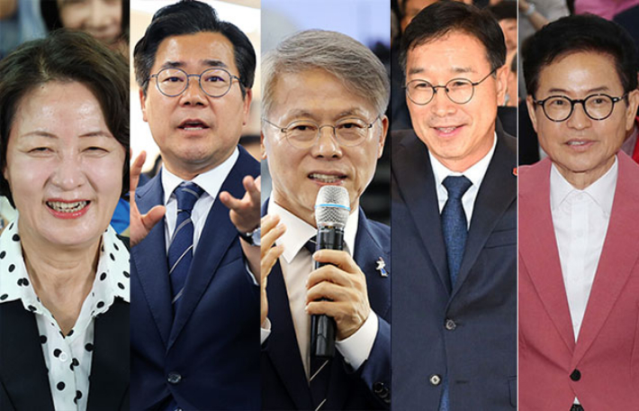 더불어민주당 추미애 경기지사 후보, 더불어민주당 박찬대 인천시장 후보, 더불어민주당 민형배 전남광주통합특별시장 후보, 더불어민주당 허태정 대전시장 후보, 더불어민주당 신용한 충북지사 후보. 연합뉴스