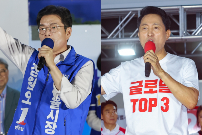 더불어민주당 정원오 후보(왼쪽)와 국민의힘 오세훈 후보. 연합뉴스