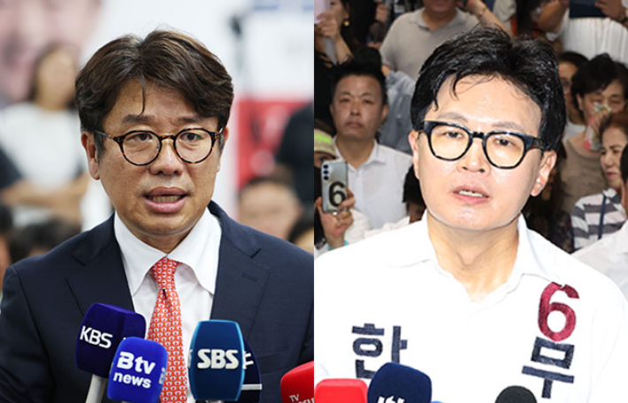 6·3 지방선거에서 당선된 국민의힘 유의동 후보(왼쪽)와 무소속 한동훈 후보. 연합뉴스·부산=류영주 기자