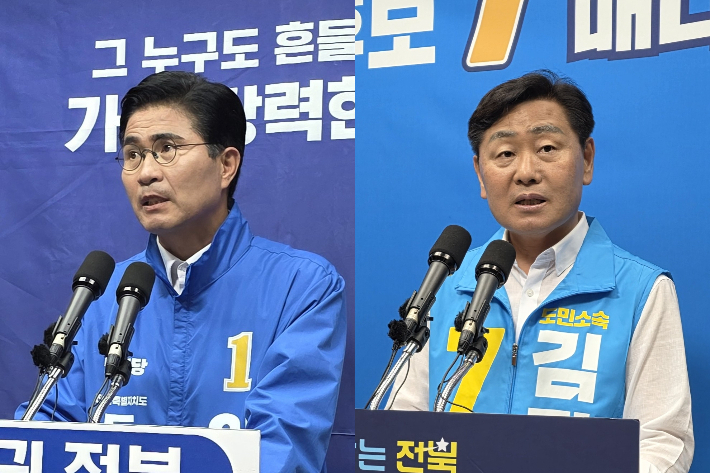 더불어민주당 이원택 전북도지사 당선자와 김관영 전북도지사. 최명국 기자