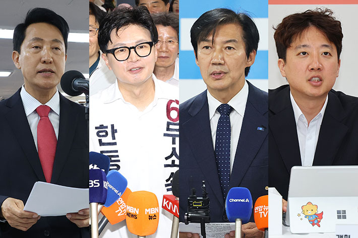 왼쪽부터 오세훈 서울시장 당선인, 무소속 한동훈 당선인, 조국혁신당 조국 대표, 개혁신당 이준석 대표. 황진환·류영주 기자·연합뉴스