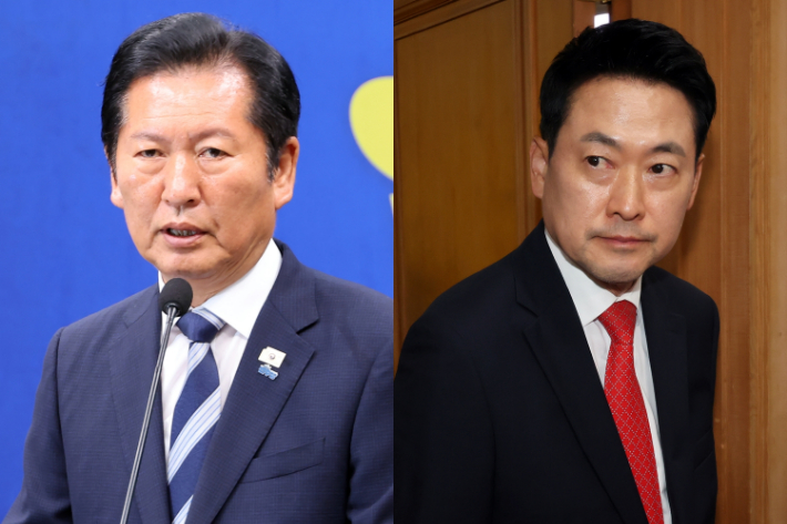 더불어민주당 정청래 총괄상임선대위원장(왼쪽), 국민의힘 장동혁 상임선거대책위원장. 연합뉴스