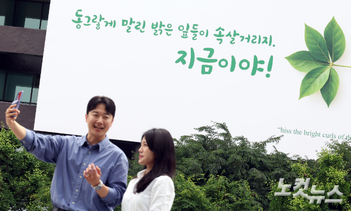 1일 서울 종로구 교보생명 외벽에 미국의 대표 시인인 메리 올리버의 시 '마지막 날들'에서 발췌한 "동그랗게 말린 밝은 잎들이 속살거리지, 지금이야!" 광화문글판 여름 편이 걸려 있다. 황진환 기자