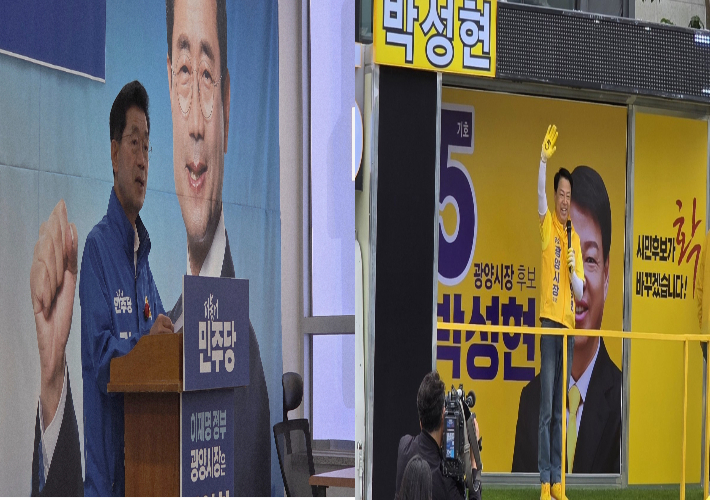 광양시장 선거에 출마한 더불어민주당 정인화 후보(왼쪽)와 무소속 박성현 후보. 박 후보는 공천 배제와 법적 공방 끝에 당선됐다. 각 캠프 제공 