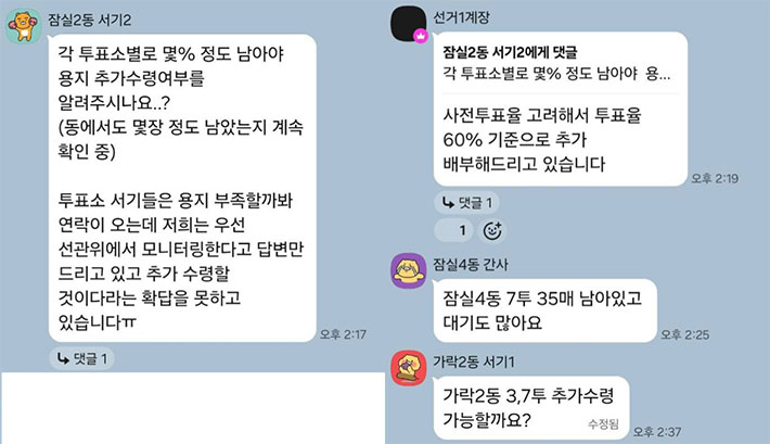 송파구와 선관위 공무원들이 참여한 단체대화방 내용. 전공노 제공