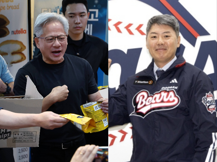 젠슨 황(사진 왼쪽)과 두산 베어스의 김원형 감독. 연합뉴스·두산 제공