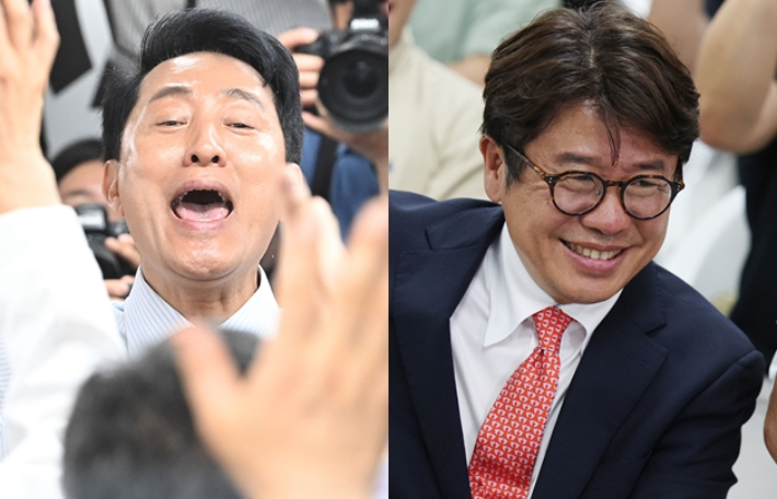선거 승리 후 환호하는 오세훈 서울시장, 유의동 의원. 황진환 기자·연합뉴스
