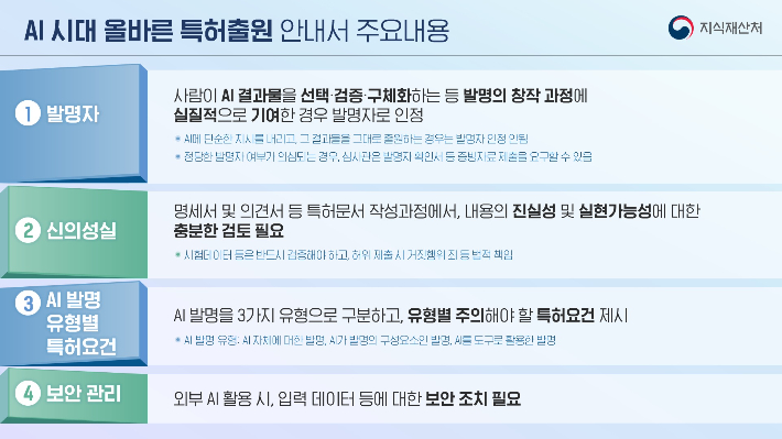AI 시대 올바른 특허출원 안내서 주요 내용. 지식재산처 제공