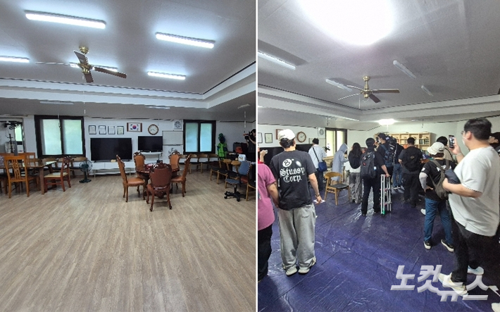 지난 5일 투표함이 반출된 직후 잠실7동 제2투표소인 경로당 내부 모습(왼쪽)과 10일 서울동부지법의 현장검증 당시 경로당 내부 모습(오른쪽). 송선교 기자